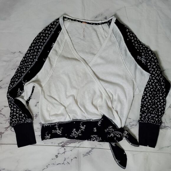 Free People Auxton Thermal Waffle  White and Black Wrap Top with Floral Sleeves - Picture 1 of 5
